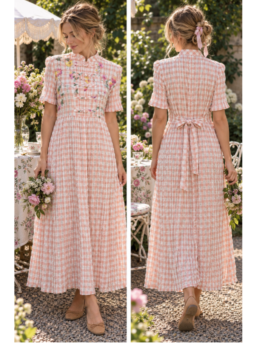 Vintage 90s Jessica Howard Pink Gingham Floral Maxi Dress Cottagecore Size 10
